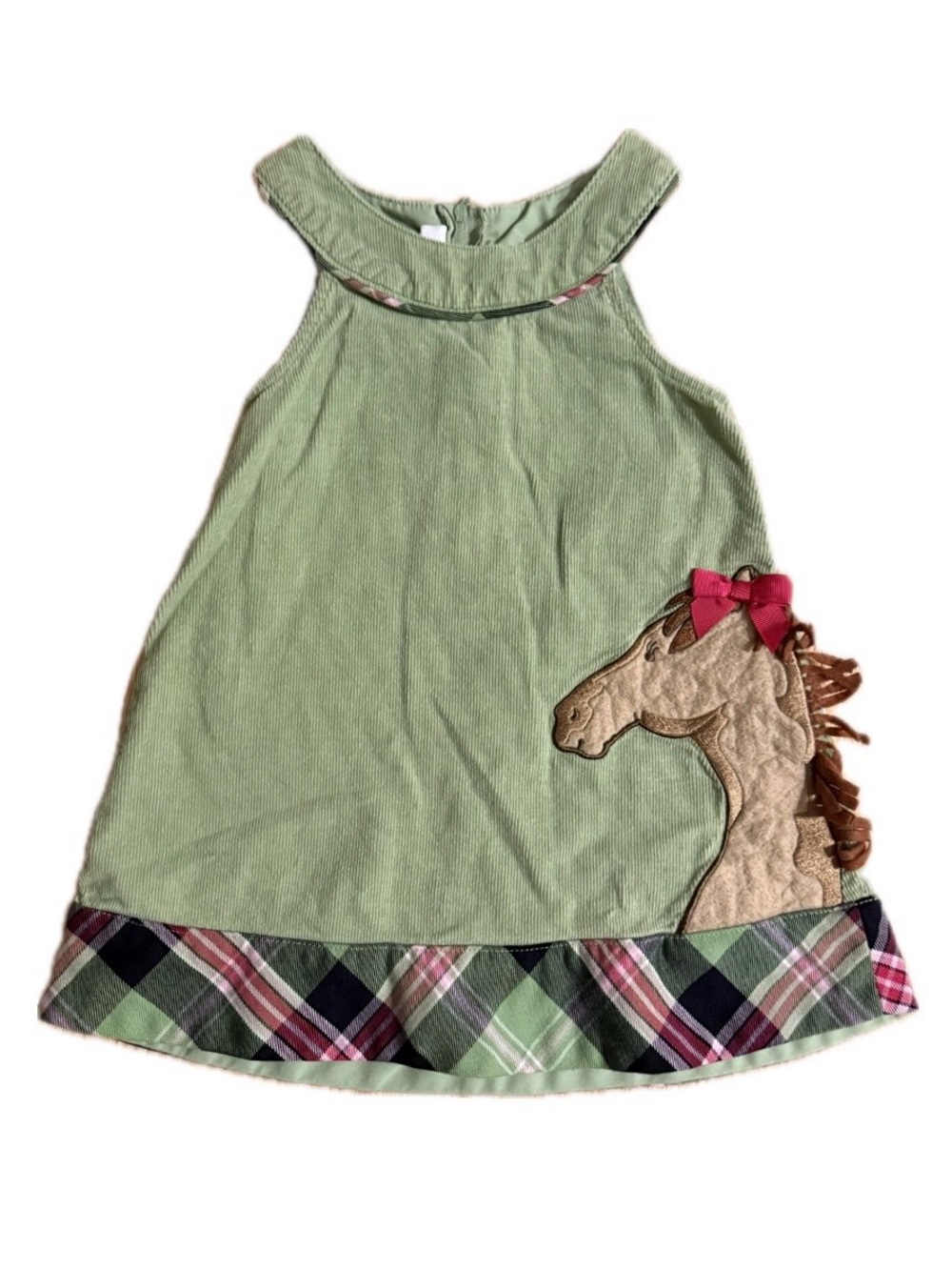 Bonnie Jean Little Girl Green Corduroy Horse Appliqué Dress with Plaid Trim